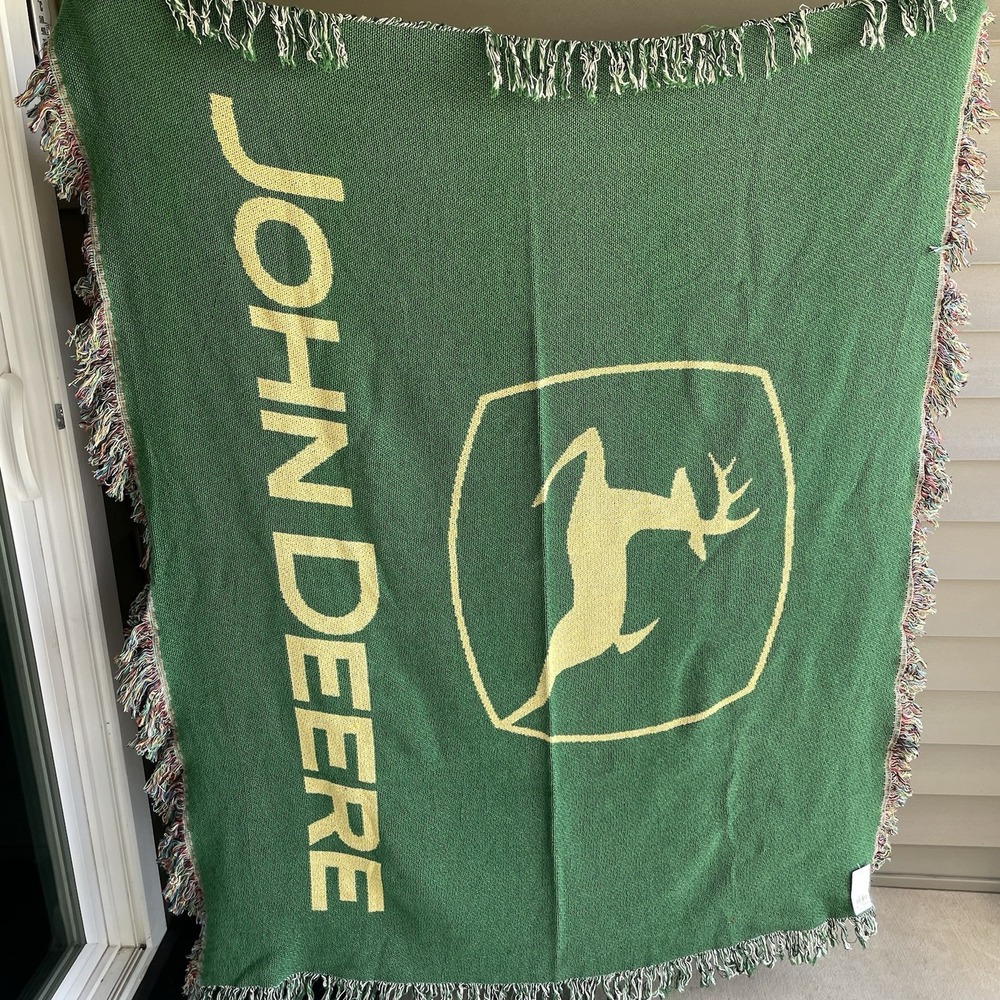 JOHN DEERE Green & Yellow Cotton Woven Fringed Throw Blanket Advertisement USA